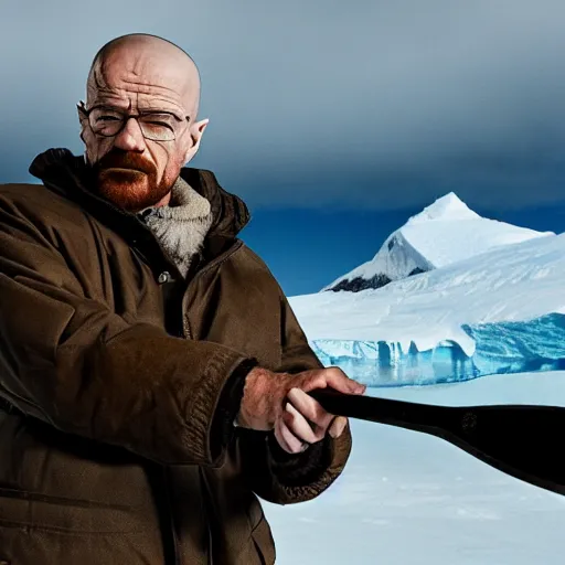 Prompt: Walter White holding an axe in the middle of Antarctica, cold terrain, master shot, moody light, highly realistic, 8k