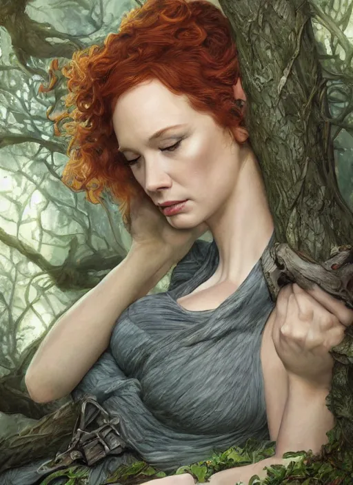 Image similar to tired Christina Hendricks taking a rest under a tree after an long adventure a ruggedly muscled handsome heroine, intricate, elegant, highly detailed, centered, digital painting, artstation, concept art, smooth, sharp focus, illustration, artgerm, donato giancola, Joseph Christian Leyendecker, WLOP, Artgerm, thunder storm