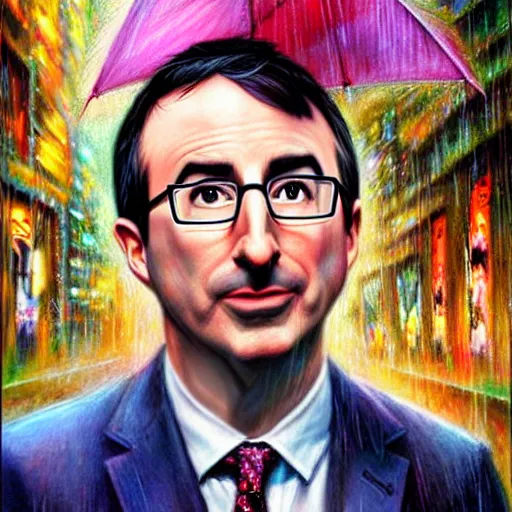 Prompt: John oliver in the rain, artstation, concept art, sharp focus, matte painting, hyper detailed, hyper realistic, art by Josephine wall