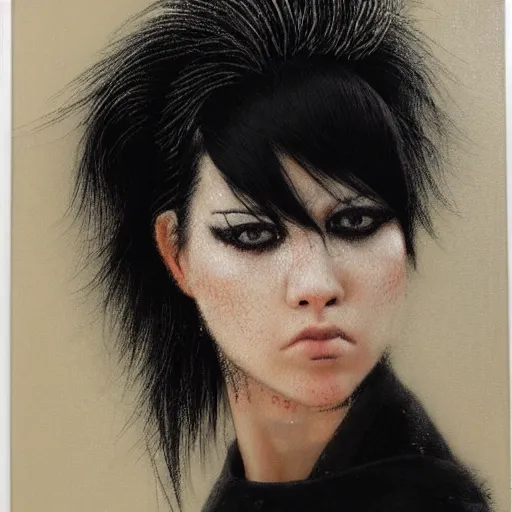 Prompt: A young woman with black and white hair looking disgusted away from the camera, Punk, Portrait by Noriyoshi Ohrai, rendered in octane, oil on canvas