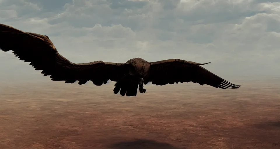 Image similar to a vulture flying over an empty desert, artstation, cgsociety