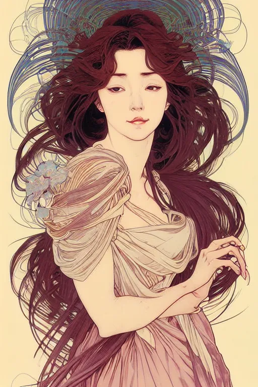 Image similar to beautiful portrait digital painting of a female, blush, pleated skirt, flowing hair, slim face, elegant, alphonse mucha, by yoichi hatakenaka, masamune shirow, josan gonzales and dan mumford, ayami kojima, takato yamamoto, barclay shaw, karol bak, yukito kishiro