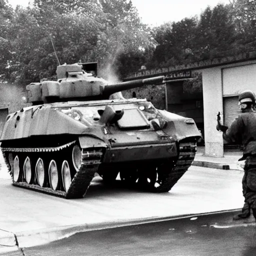 Prompt: Military tank refueling at public gas station, CCTV footage photograph