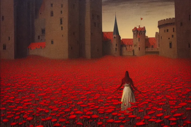 Image similar to only with red, red flowers of different types, a red tiger, a castle in the background, medieval demons dance over the flowers, an ancient path, in the style of beksinski, part by hopper, part by rodcenko, part by hofbauer, intricate composition, red by caravaggio, insanely quality, highly detailed, masterpiece, red light, artstation