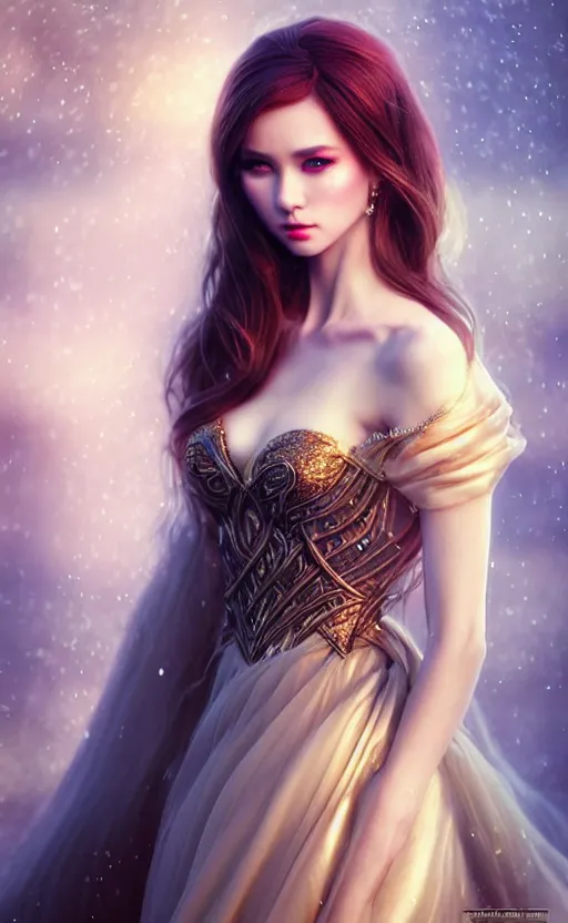 Image similar to a fantasy photo of gorgeous russian female, evening gown, bokeh, medium shot, beautiful face, professionally retouched, soft lighting, realistic, smooth face, perfect eyes, sharp focus, 8 k realistic high definition, insanely detailed, intricate, elegant, art by artgerm and kyoung hwan kim