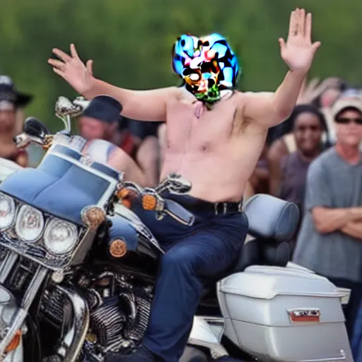 Prompt: “Trump with swollen pecks shirtless riding a Harley Davidson as he waves to a crowd of people”