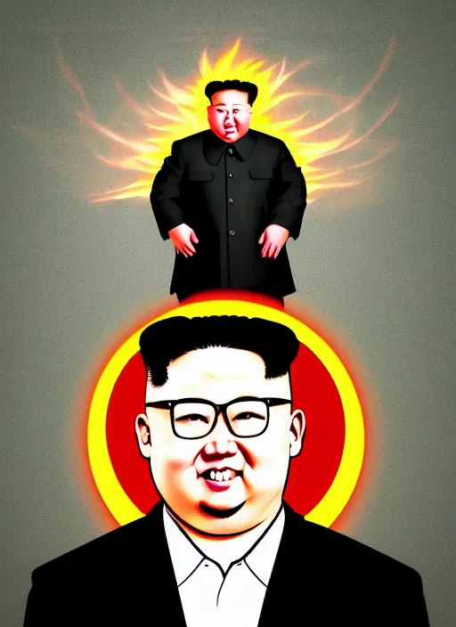 Image similar to kim jong - un with a bottle of vodka on an icon with a halo of fire, scary infernal art in color