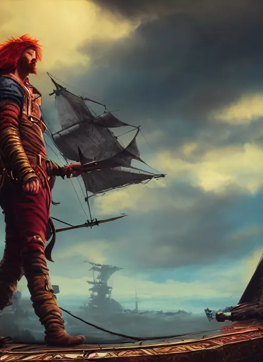 Image similar to An epic fantasy comic book style portrait painting of a red headed male sky-pirate in front of an airship, unreal 5, DAZ, hyperrealistic, octane render, cosplay, RPG portrait, dynamic lighting