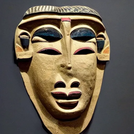 Prompt: Ancient Egyptian burial mask in the shape of troll face