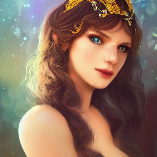 Prompt: a photographic portrait of an fantasy 30 years old princess with a deep blue sapphire and gold small diadem, seductive look, warm and soft colours, light brown hair, cinematic light, bokeh, by Danny Battista canon 50mm, artstation