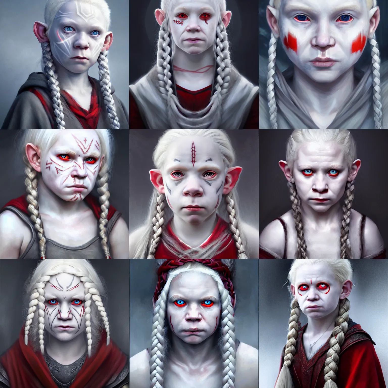 Prompt: realistic portrait of a young albino female halfling with red eyes and white! braided hair and a grey cloak and geometric facial tattoos!!!! painted dan gerhartz, haunted and sad expression, artstation, cinematic lighting, hyper - detailed 8 k