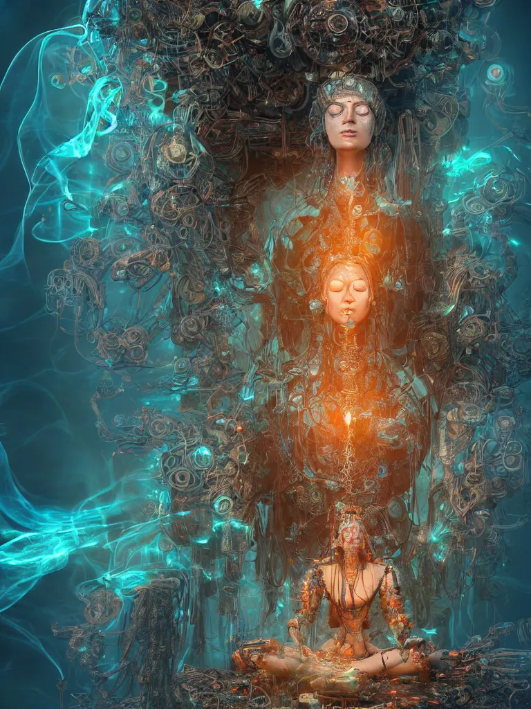 Prompt: an ancient mystical alluring female shaman generating flowing energy and surrounded by wisps of incense smoke sits meditating in a magical cybernetic robot temple, face face face, by android jones and vitaly bulgarov, 3 d, cinema 4 d render, trending on artstation