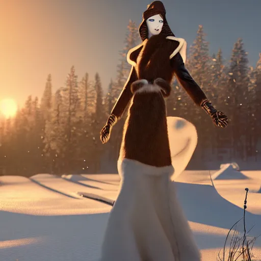 Prompt: avant-garde art, deco fashion, highly detailed, photorealistic portrait, serene snow setting, golden hour, crisp quality and light reflections, unreal engine 5 quality render