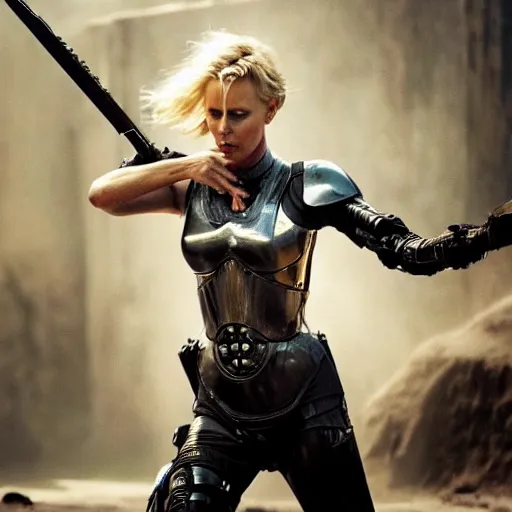 Prompt: Charlize Theron as a Terminator sent back in time to King Arthur's court, knights, beautiful, detailed, epic action, 4k cinematic action, by James Cameron