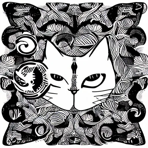 Image similar to tattoo sketch, one eyed cat, monstera deliciosa, a draft, organic ornament, maori, vector