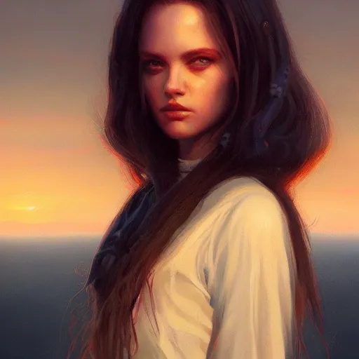 Image similar to portrait of wanny difillipo, sunset, gorgeous view, depth, painted by seb mckinnon, high detail, digital art, painted by greg rutkowski, trending on artstation