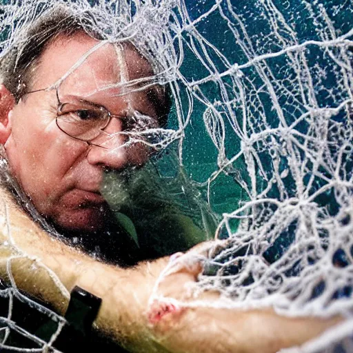 Image similar to vucic stuck in a fishing net, struggling, underwater, photo