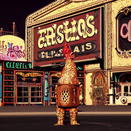 Image similar to gothic style Las Vegas in 1973, psychotic anthropomorphic Elvis chickens roaming the streets and driving Cadillacs, bright light city, high octane, 8k vray render, subsurface scatter, drum scanner, intricate complexity, cinematic quality