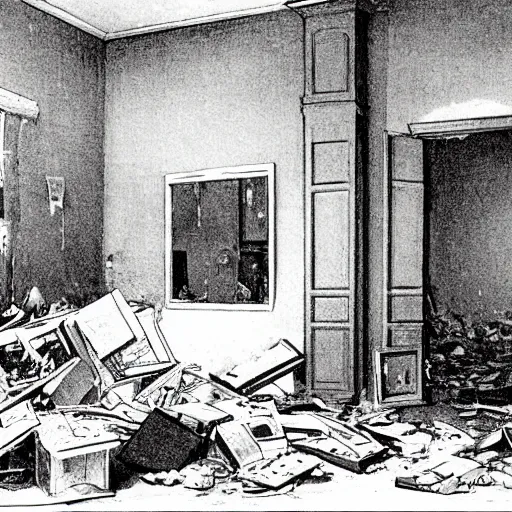 Image similar to The illustration shows a scene of total destruction. A room has been completely wrecked, with furniture overturned, belongings strewn about, and debris everywhere. The only thing left intact is a single photograph on the wall. This photograph is the only evidence of what the room once looked like. It shows a tidy, well-appointed space, with everything in its place. The contrast between the two images is stark, and it is clear that the destruction was complete and absolute. pear by Stuart Davis, by Arthur Boyd realistic