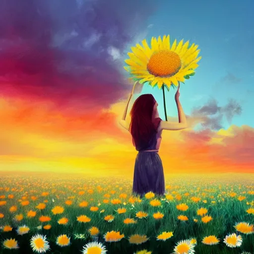 Prompt: girl face made of giant daisies, standing in a flower field, holding flowers, surreal photography, sunset dramatic light, impressionist painting, colorful clouds, large sky, digital painting, artstation, simon stalenhag