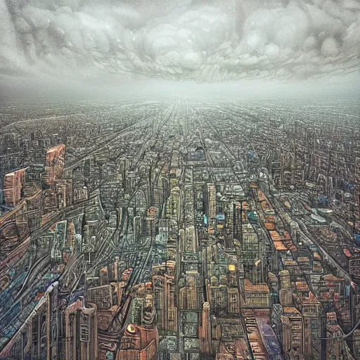 Image similar to “ looking down at a futuristic new york city below, ghostpunk, fog, storm clouds, rain, extremely detailed, by james jean ”