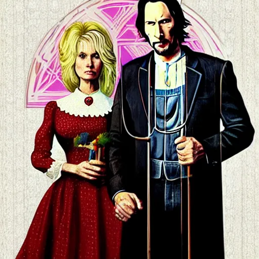 Image similar to American Gothic, with Keanu Reeves and Dolly Parton, by MARVEL comics and Sandra Chevrier, 8k