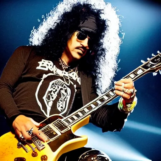 Prompt: A very cool picture of Slash from Guns n’ Roses playing guitar on his Les Paul