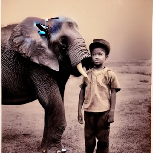 Image similar to a highly detailed photo by annie leibowitz of a small boy standing next to an elephant with an extremely long trunk