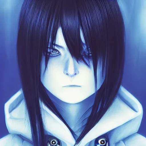 Image similar to high contrast photo of rimuru tempest, sky blue straight hair, bangs, with amber eyes, wearing a black jacket, high collar, ultra detailed, brush strokes, skin texture, digital painting, cinematic, wlop, pixiv, eerie, scary, intimidating glare, evil, junji ito, yoshitaka amano