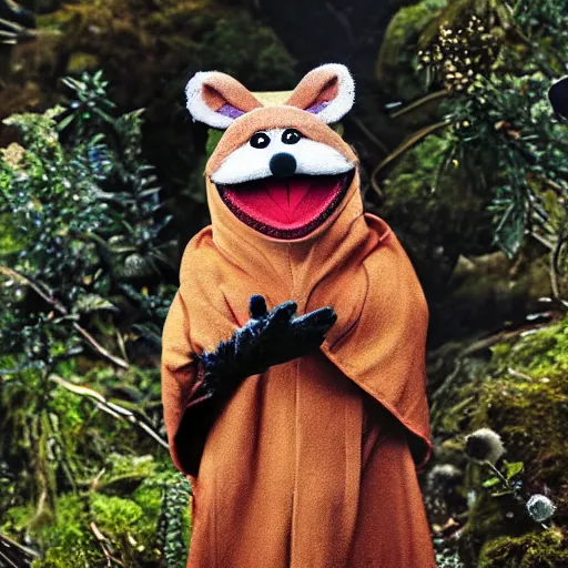 Prompt: a chibi foxfolk muppet druid wearing a hooded cloak with a small herd of random muppet animals following behind, sesame street, photograph, photography, ultrarealistic, national geographic