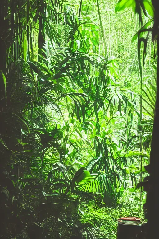 Prompt: agfa vista 4 0 0 photograph of vibrant green jungle inside a jar, moody lighting, moody vibe, telephoto, 9 0 s vibe, grain, tranquil, calm, faded!,