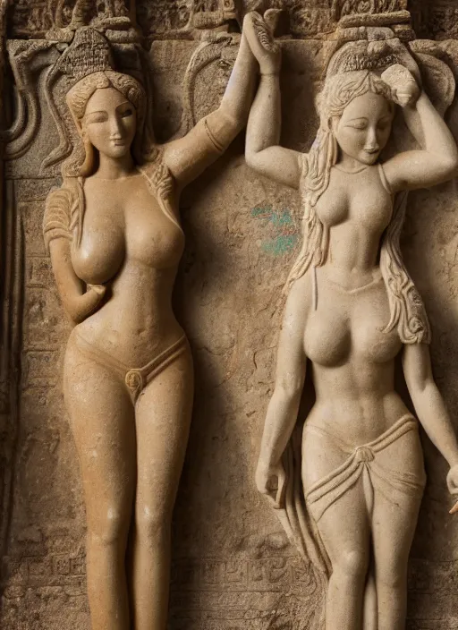 Image similar to photograph of a bas relief of lindsey pelas and gal gadot found in an ancient javanese temple, by charlotte grimm, natural light, detailed face, canon eos c 3 0 0, ƒ 1. 8, 3 5 mm, 8 k, medium - format print, half body shot