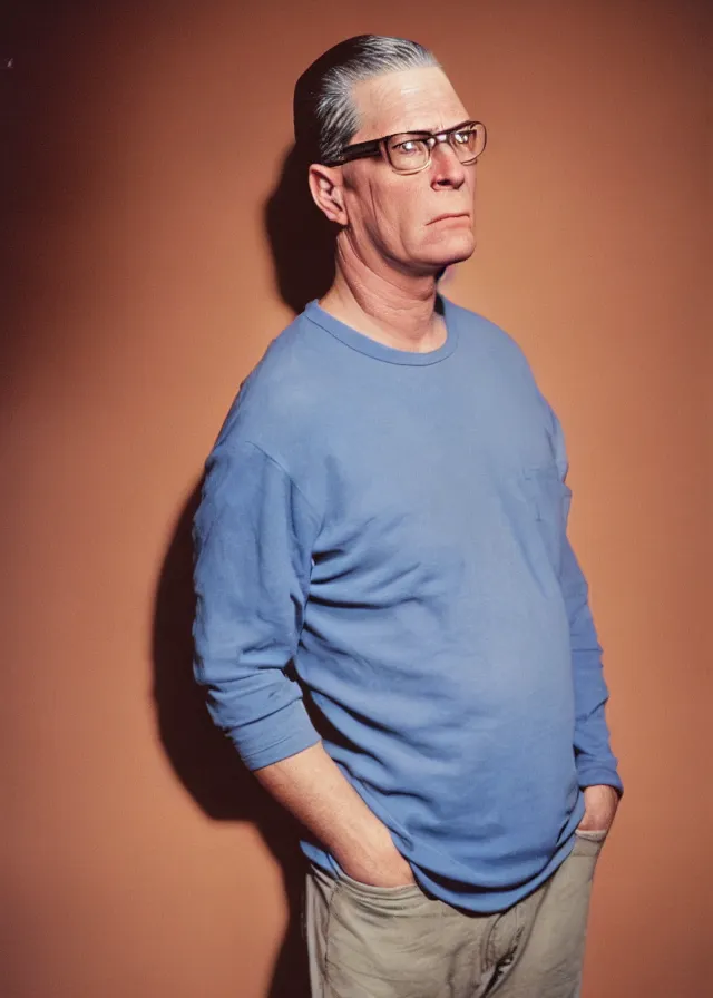 Prompt: live action hank hill, portrait photo taken by annie leibovitz, dramatic lighting, 8 5 mm f / 2. 4, kodak portra, color film