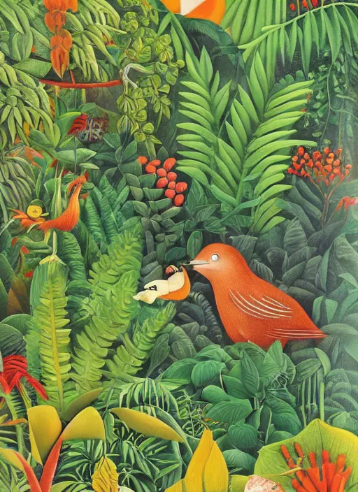 Prompt: rare bird in the jungle, highly detailed, style of henri rousseau and richard scarry