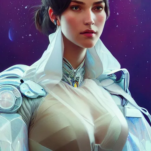 Image similar to Portrait of very very very very very very beautiful non-white woman, spacesuit, purple eyes, intricate, elegant, highly detailed, digital painting, artstation, concept art, smooth, sharp focus, illustration, art by artgerm and greg rutkowski and alphonse mucha