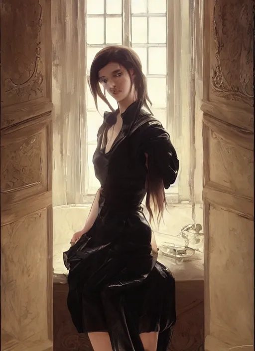 Image similar to a 1 6 year old girl eveline from resident evil 7 with straight long black hair wearing black dress that sitting on bathroom floor, photo for vogue, model エリサヘス s from acquamodels, art by artgem, greg rutkowski and alphonse mucha