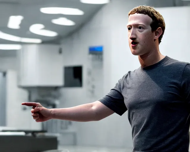 Image similar to mark zuckerberg plays terminator in scene where his endoskelet gets exposet, action film scene