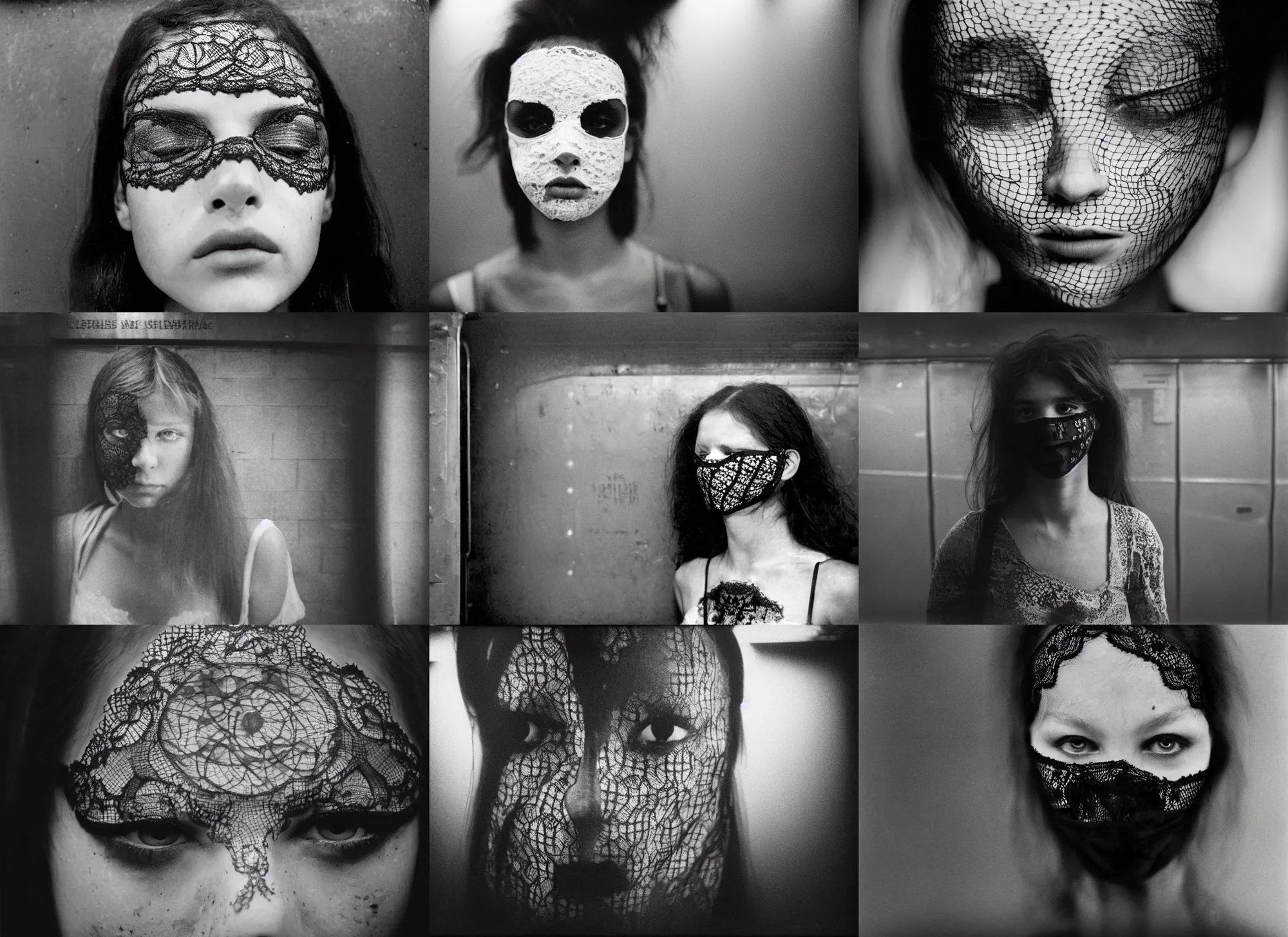 Prompt: girl in a lace mask, close up, in a subway, by richard avedon, tri - x pan, ominous lighting