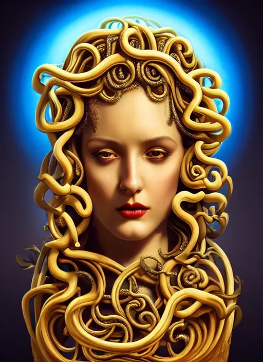 Prompt: professionally-made ultradetailed hyperrealistic ornate award winning masterpiece arthouse portrait of beautiful symmetrical art deco Medusa radiating glowing aura, wearing a vintage dress, dynamic action pose, digital airbrush painting, 3d rim light, artstation, cgsociety, kodakchrome, golden ratio,