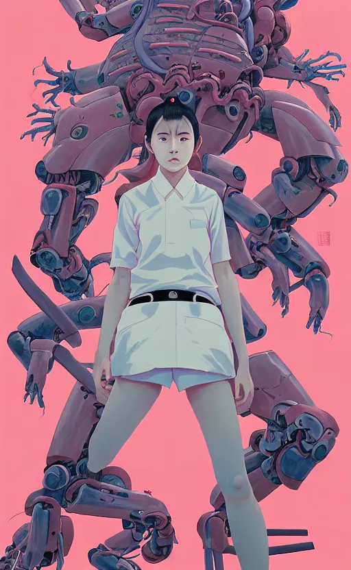 Image similar to Artwork by James Jean, Phil noto and hiyao Miyazaki ; a young Japanese future samurai police girl named Yoshimi battles an enormous looming evil natured carnivorous pink robot on the streets of Tokyo; Japanese shops and neon signage; crowds of people running; Art work by hiyao Miyazaki, Phil noto and James Jean