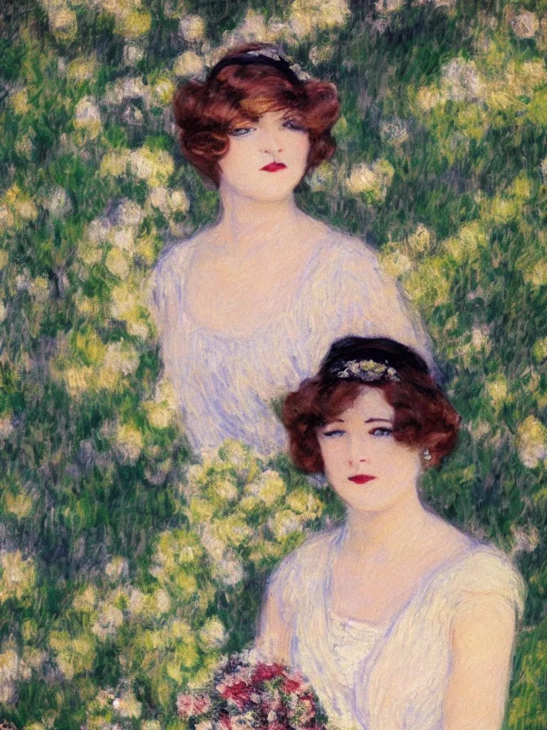 Image similar to portrait of < zelda fitzgerald > as a beautiful young lady wearing 1 9 2 0 s fashion, blurry face, brown hair, slim, fair, severe out of focus, depth of field, pleinairism, in the sun, backlit, closeup, oil on canvas, atr by monet, in the style of le promenade, smooth, impressionnisme, 8 k