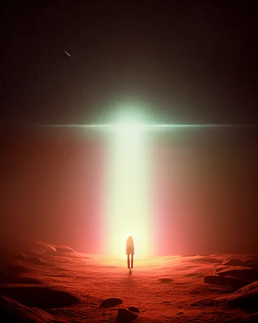 Image similar to a person standing in front of a glowy open door that's on a barren moon, poster art by mike winkelmann, trending on cg society, space art, sci - fi, ue 5, futuristic, volumetric lighting, light casting onto the ground, neat composition and camera angle