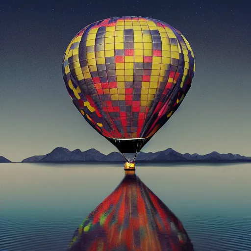 Image similar to realistic extremely detailed photo of a hot air balloon flying above a beautiful reflective mountain lake, two black swans swimming in the lake, touching heads, forming a heart with their necks, granular detail, holographic krypton ion, octane render, 4k, f32,55mm photography, wide angle