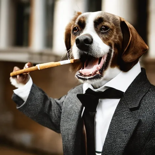 Image similar to a high detail closeup photograph of a dog wearing a suit 👔,and smoking a cigarrette🚬, award wining photograph