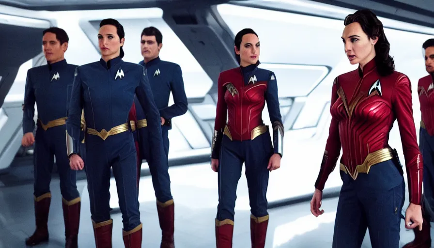 Image similar to Gal Gadot, in full starfleet uniform, is the captain of the starship Enterprise in the new Star Trek movie