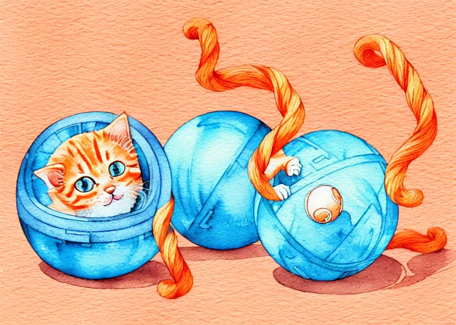 Image similar to cute and funny, orange tabby kitten playing with a ball of yarn, centered award winning watercolor pen illustration, isometric illustration by chihiro iwasaki, edited by range murata, tiny details by artgerm and watercolor girl, symmetrically isometrically centered