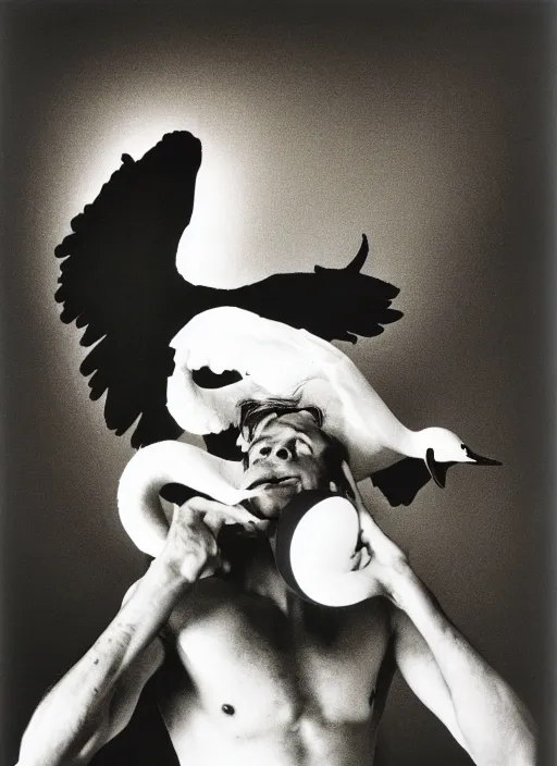 Prompt: helmut newton photograph of a man with the moon for a face, swan wings, a tree body, 3 5 mm, studio lighting