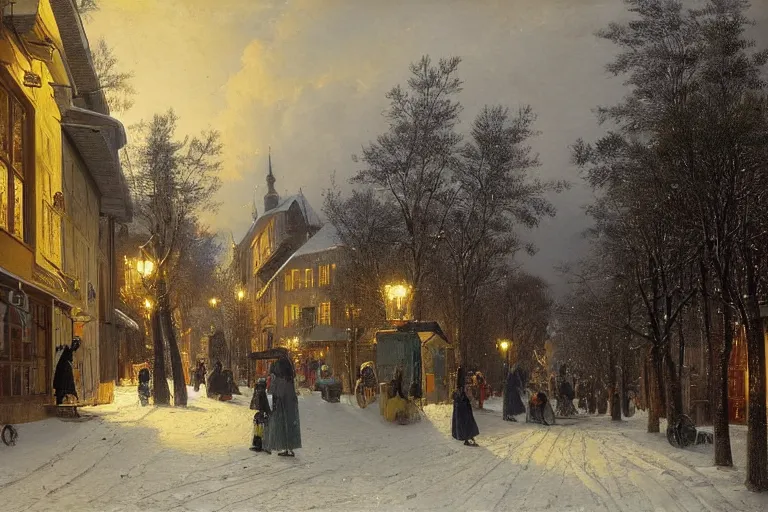 Image similar to pine tree-lined street at evening in a very beautiful Norwegian city in winter by Ludwig Deutsch and Rudolf Ernst, colorful scandinavian architecture, strong dramatic cinematic lighting, lost civilizations, smooth, sharp focus, extremely detailed