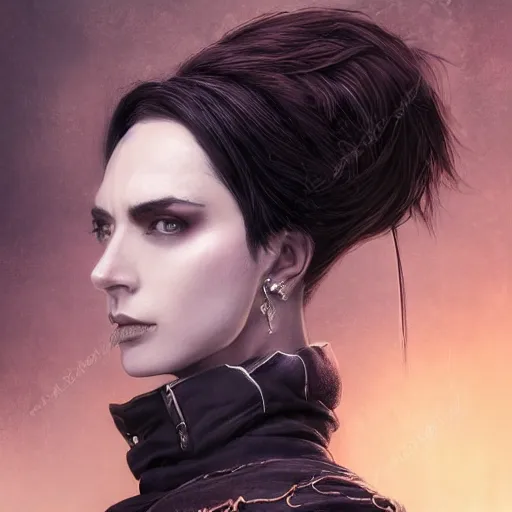 Prompt: portrait painting of an androgynous witch with shoulder length flowing black hair pale skin and beautiful dark brown eyes wearing a punk clothes, ultra realistic, concept art, intricate details, eerie, highly detailed, photorealistic, octane render, 8 k, unreal engine. art by artgerm and greg rutkowski and magali villeneuve