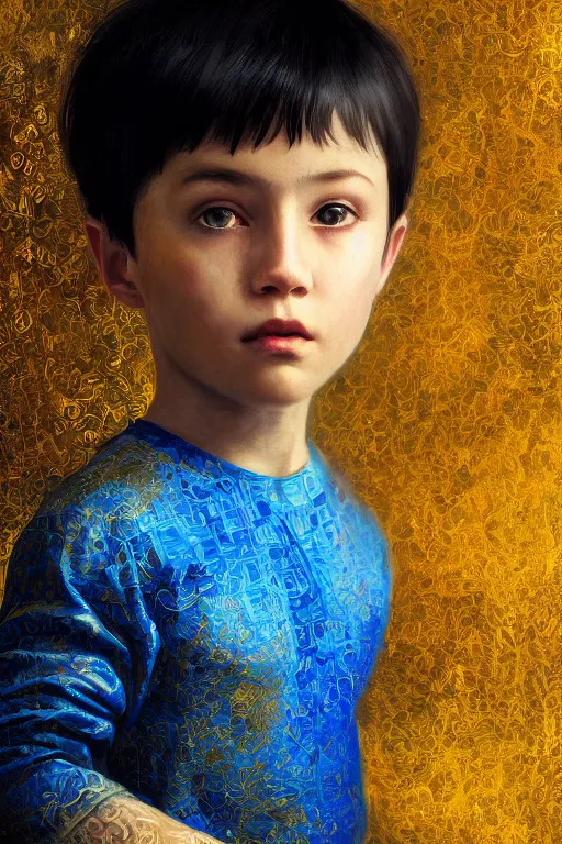 Image similar to little boy, close - up portrait, the portrait is decorated with blue and gold art deco patterns, powerfull, intricate, elegant, volumetric lighting, scenery, digital painting, highly detailed, artstation, sharp focus, illustration, concept art, ruan jia, steve mccurry